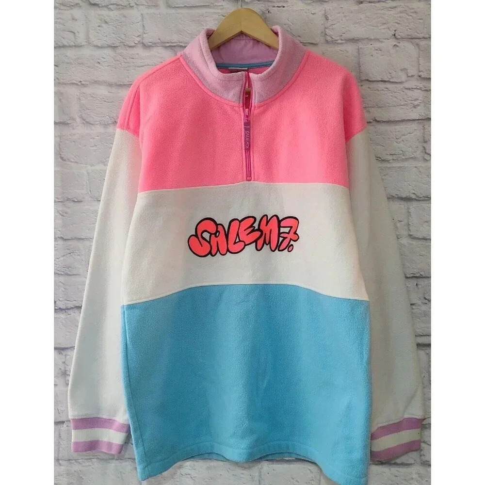 Salem7 Colorblock 1/4 Zip Fleece Pullover Women's XL Pink White Blue Logo